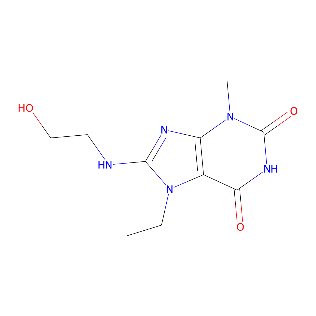 7-ethyl-8-((2-hydroxyethyl)amino)-3-methyl-1H-purine-2,6(3H,7H)-dione molecular structure, CAS 114145-20-9