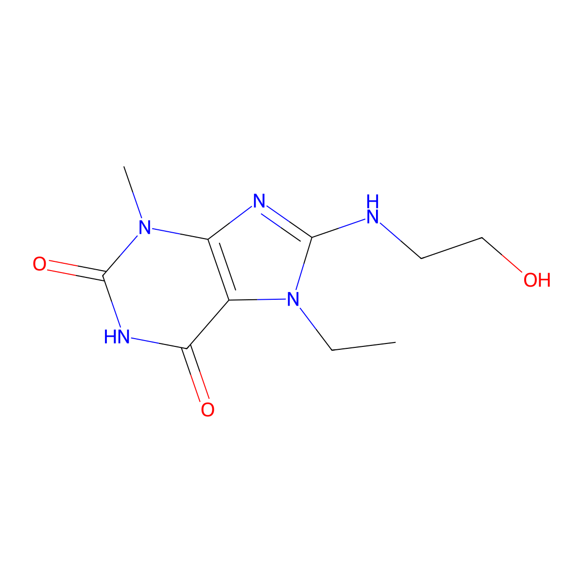 7-ethyl-8-((2-hydroxyethyl)amino)-3-methyl-1H-purine-2,6(3H,7H)-dione molecular structure, CAS 114145-20-9