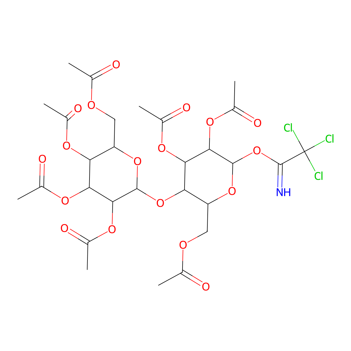 2,3,6-Tri-O-acetyl-4-O-(2,3,4,6-tetra-O-acetyl-beta-D-galactopyranosyl)-1-O-(2,2,2-trichloroethanimidoyl)-beta-D-glucopyranose molecular structure, CAS 1142022-76-1