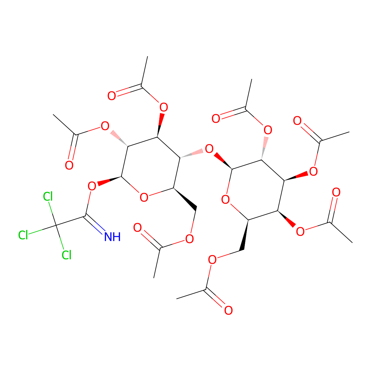 2,3,6-Tri-O-acetyl-4-O-(2,3,4,6-tetra-O-acetyl-beta-D-galactopyranosyl)-1-O-(2,2,2-trichloroethanimidoyl)-beta-D-glucopyranose molecular structure, CAS 1142022-76-1