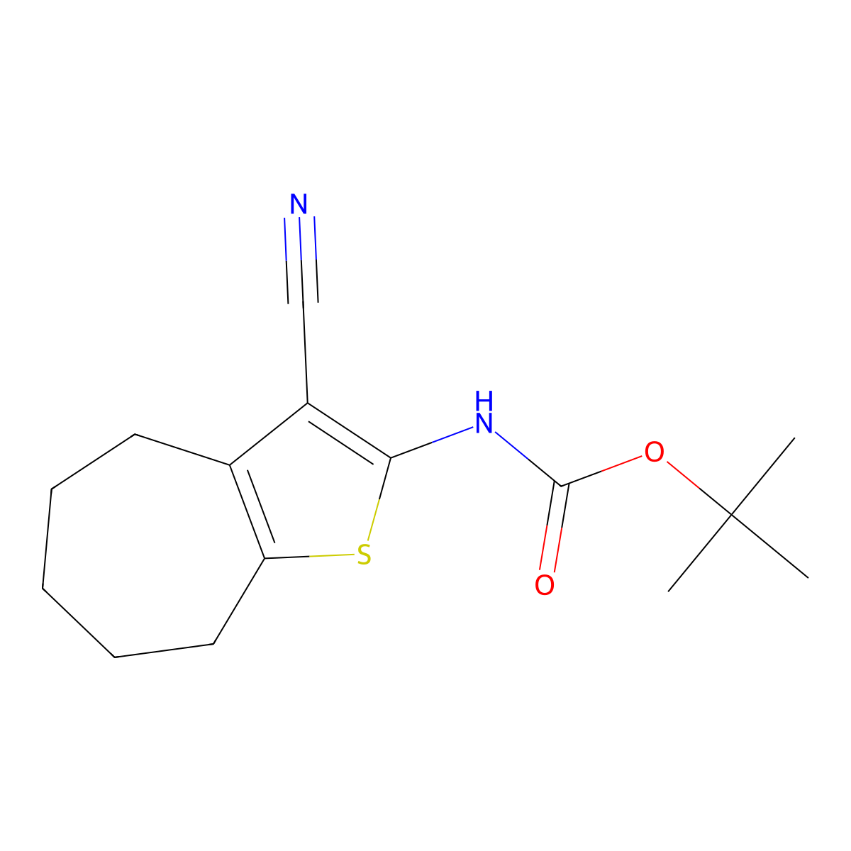 Tert-butyl (3-cyano-5,6,7,8-tetrahydro-4h-cyclohepta[b]thiophen-2-yl)carbamate molecular structure, CAS 114210-00-3