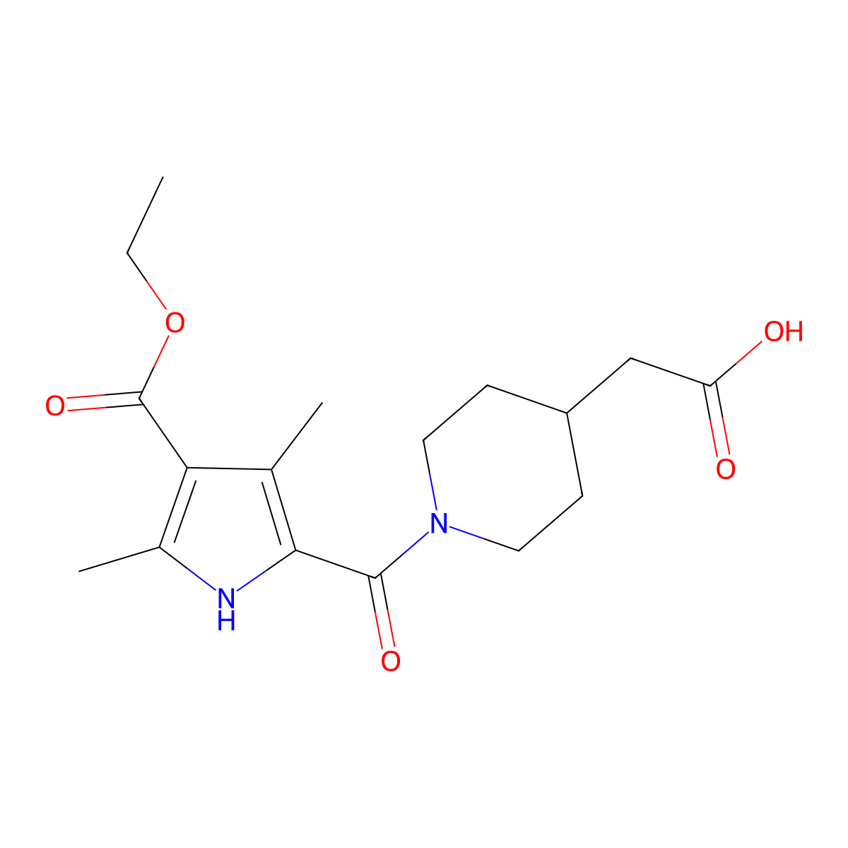 (1-{[4-(ethoxycarbonyl)-3,5-dimethyl-1H-pyrrol-2-yl]carbonyl}piperidin-4-yl)acetic acid molecular structure, CAS 1142202-84-3