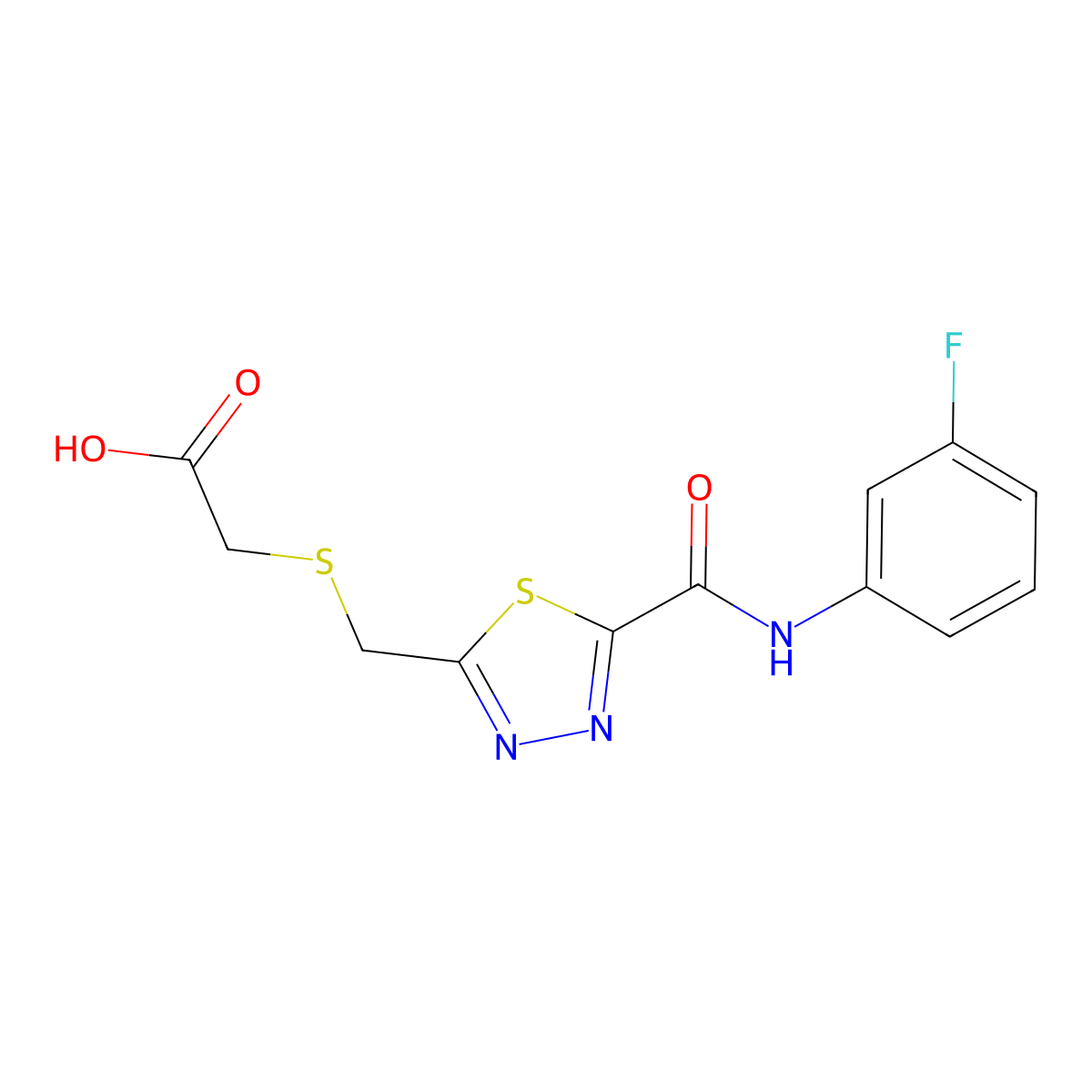 {[(5-{[(3-Fluorophenyl)amino]carbonyl}-1,3,4-thiadiazol-2-yl)methyl]thio}acetic acid molecular structure, CAS 1142209-68-4