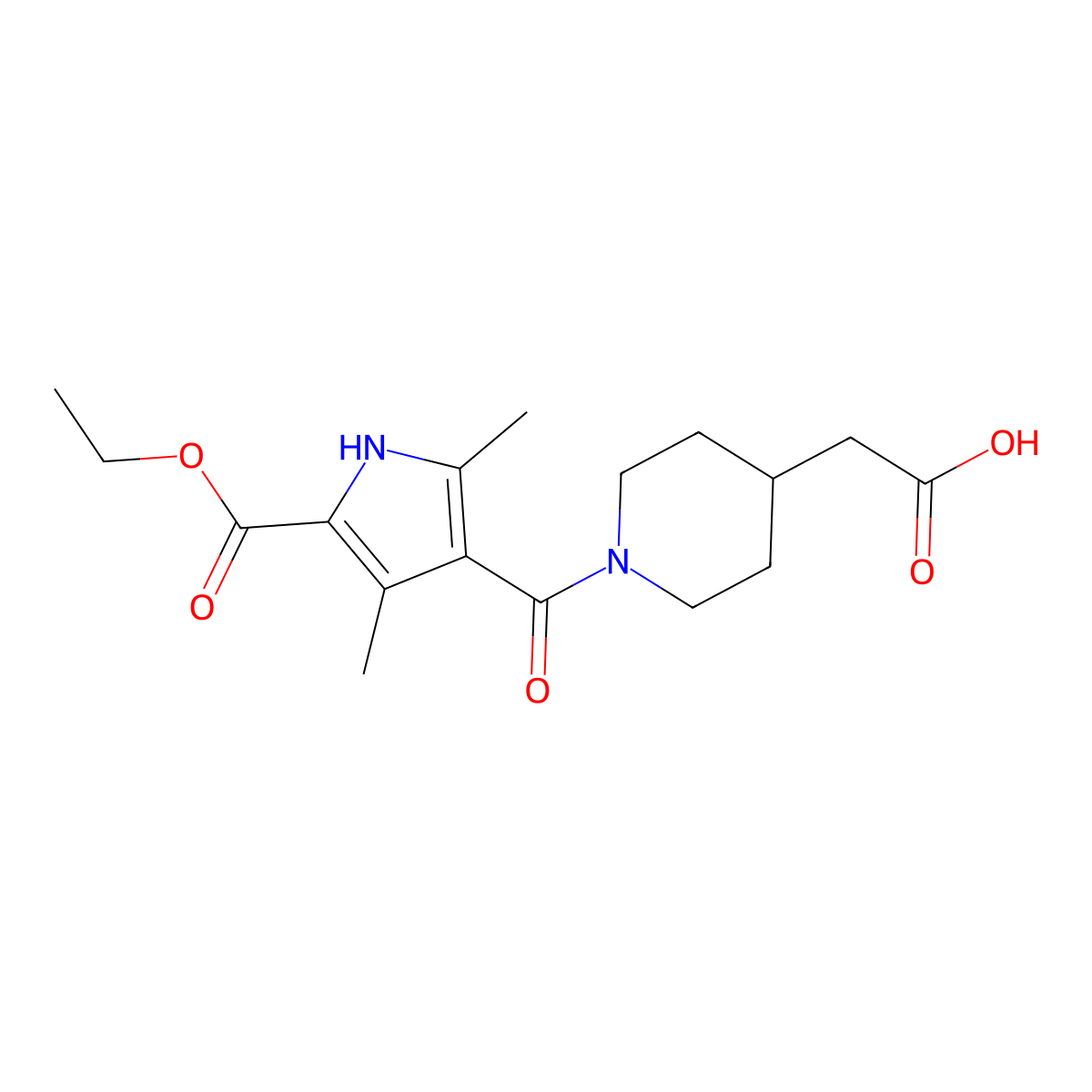 (1-{[5-(ethoxycarbonyl)-2,4-dimethyl-1H-pyrrol-3-yl]carbonyl}piperidin-4-yl)acetic acid molecular structure, CAS 1142209-97-9