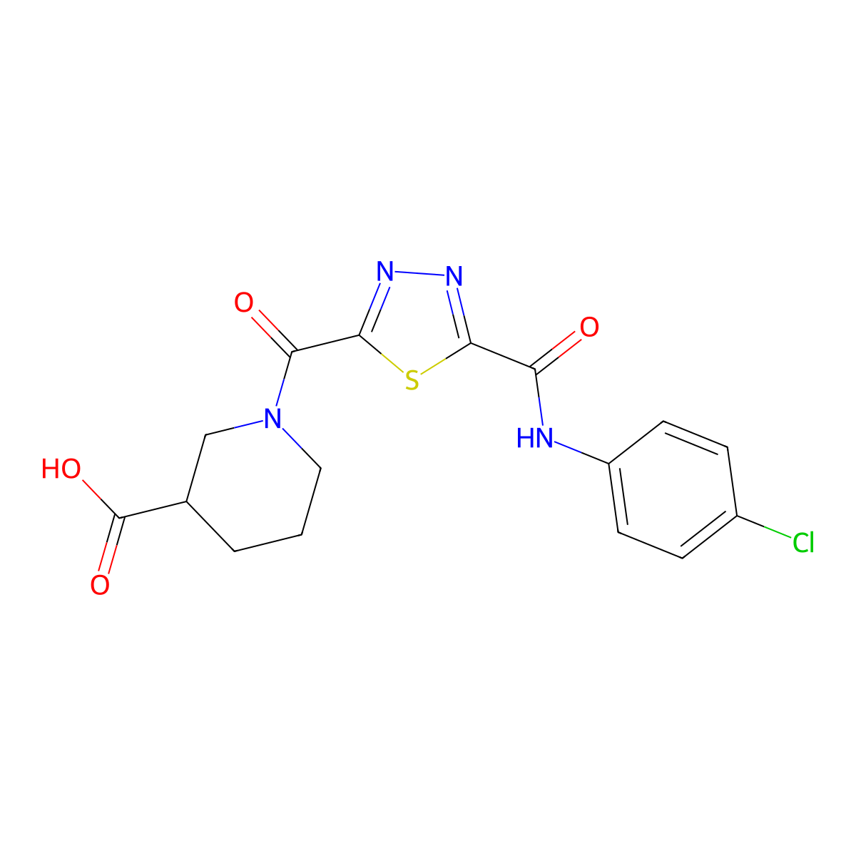 1-[(5-{[(4-Chlorophenyl)amino]carbonyl}-1,3,4-thiadiazol-2-yl)carbonyl]piperidine-3-carboxylic acid molecular structure, CAS 1142210-08-9