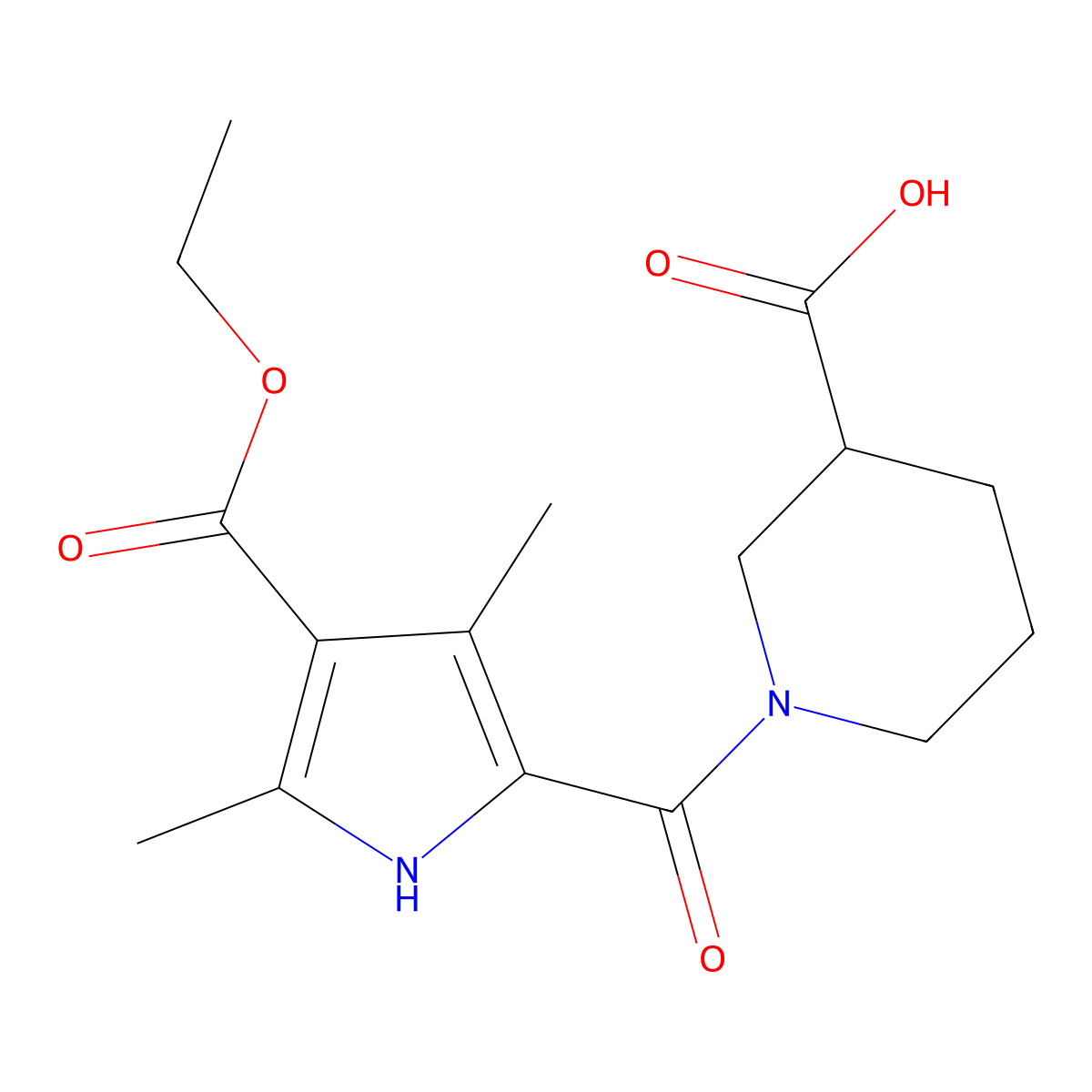 1-{[4-(ethoxycarbonyl)-3,5-dimethyl-1H-pyrrol-2-yl]carbonyl}piperidine-3-carboxylic acid molecular structure, CAS 1142210-14-7