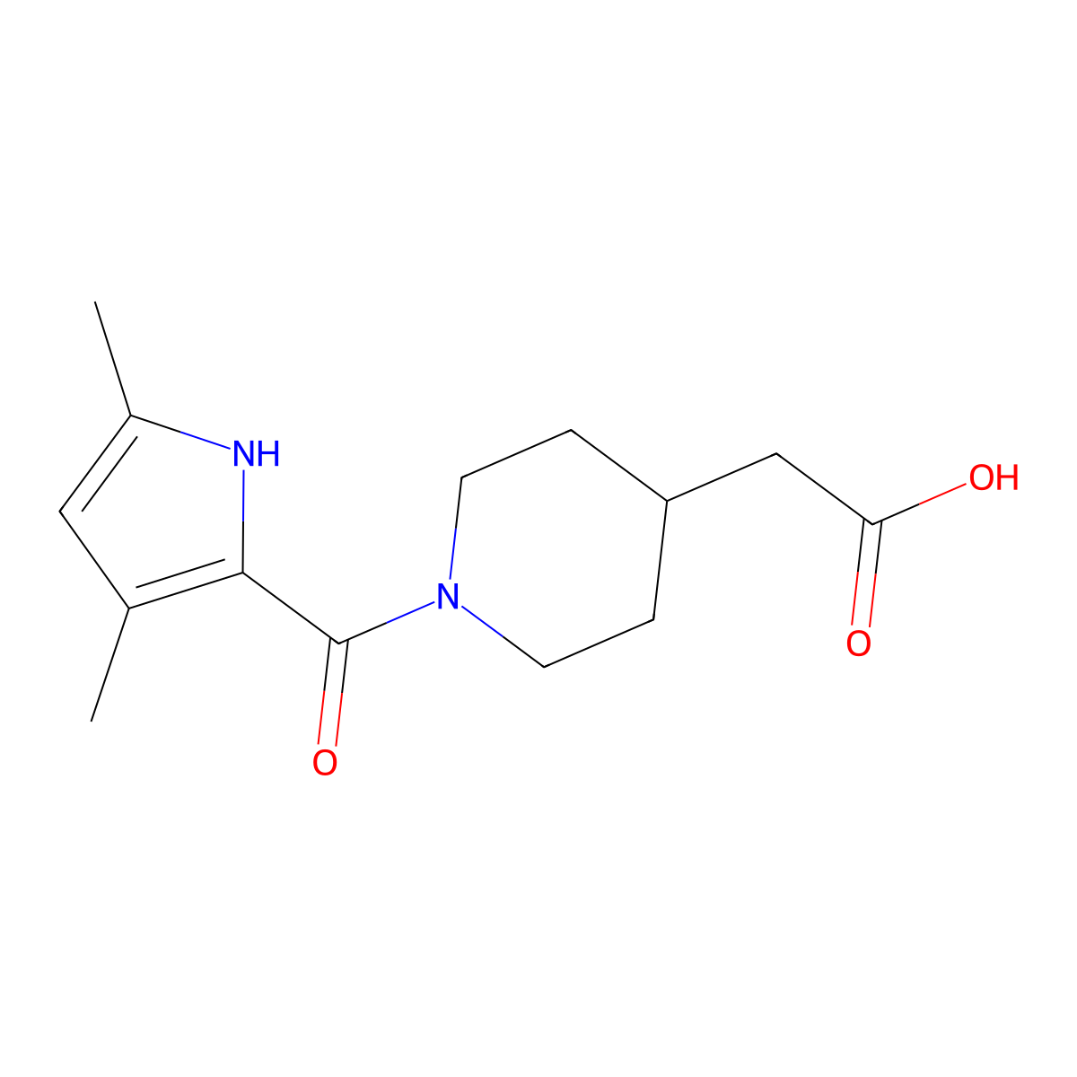{1-[(3,5-Dimethyl-1H-pyrrol-2-YL)carbonyl]-piperidin-4-YL}acetic acid molecular structure, CAS 1142210-39-6