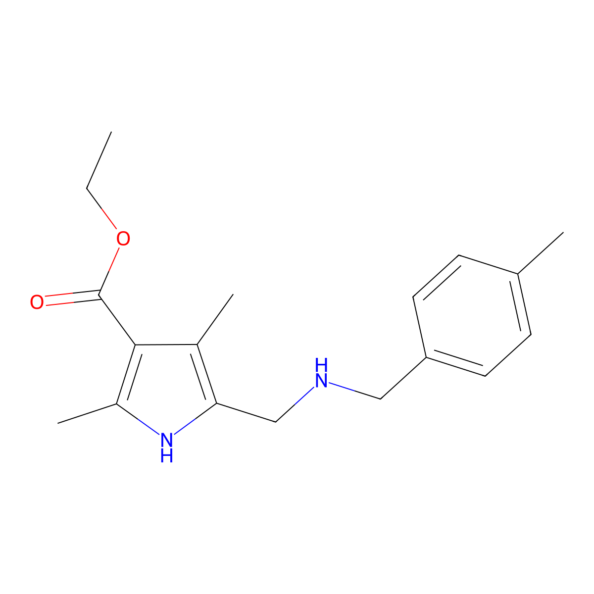 Ethyl 2,4-dimethyl-5-{[(4-methylbenzyl)amino]-methyl}-1H-pyrrole-3-carboxylate molecular structure, CAS 1142210-48-7