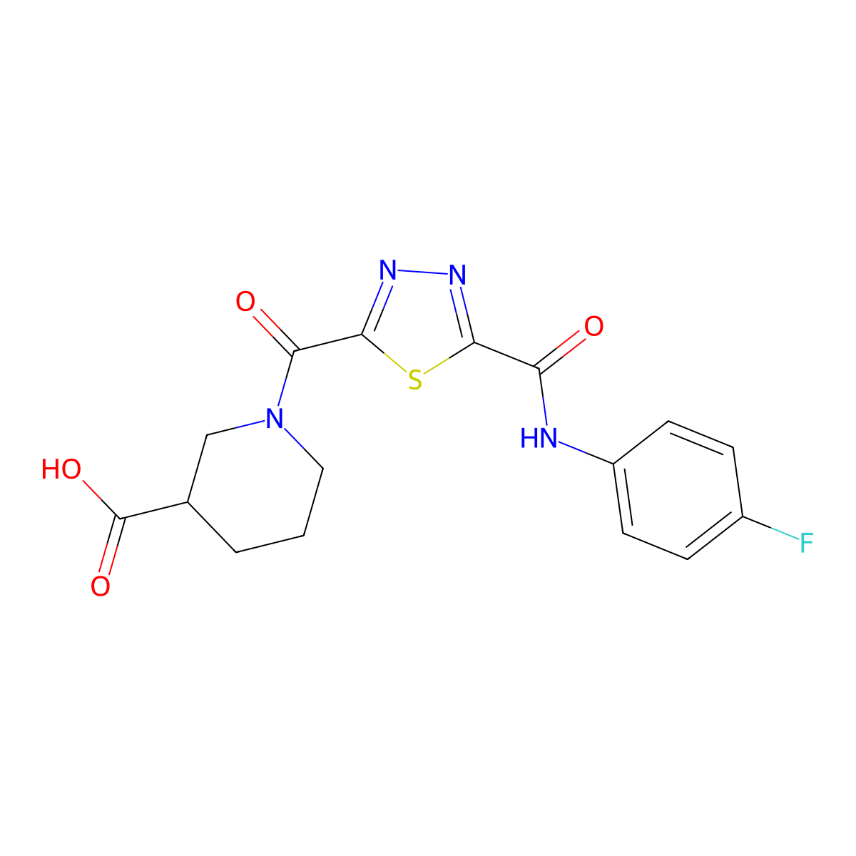1-[(5-{[(4-Fluorophenyl)amino]carbonyl}-1,3,4-thiadiazol-2-yl)carbonyl]piperidine-3-carboxylic acid molecular structure, CAS 1142210-55-6