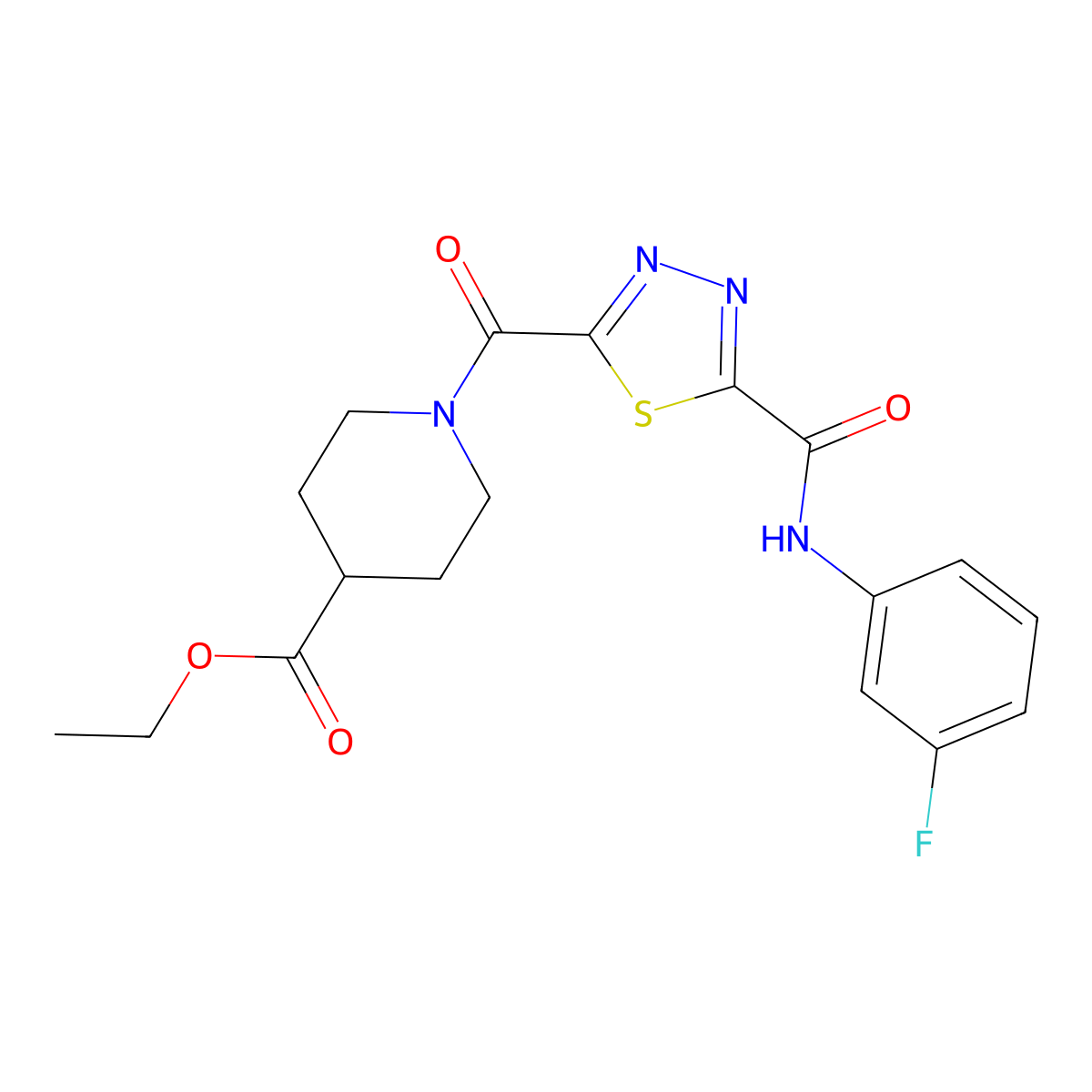 Ethyl 1-[(5-([(3-fluorophenyl)amino]carbonyl)-1,3,4-thiadiazol-2-yl)carbonyl]piperidine-4-carboxylate molecular structure, CAS 1142210-66-9