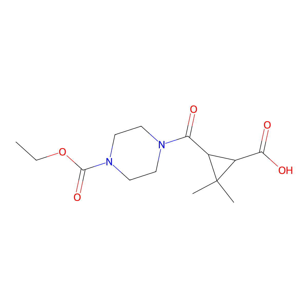 3-{[4-(Ethoxycarbonyl)piperazin-1-yl]carbonyl}-2,2-dimethylcyclopropanecarboxylic acid molecular structure, CAS 1142214-60-5