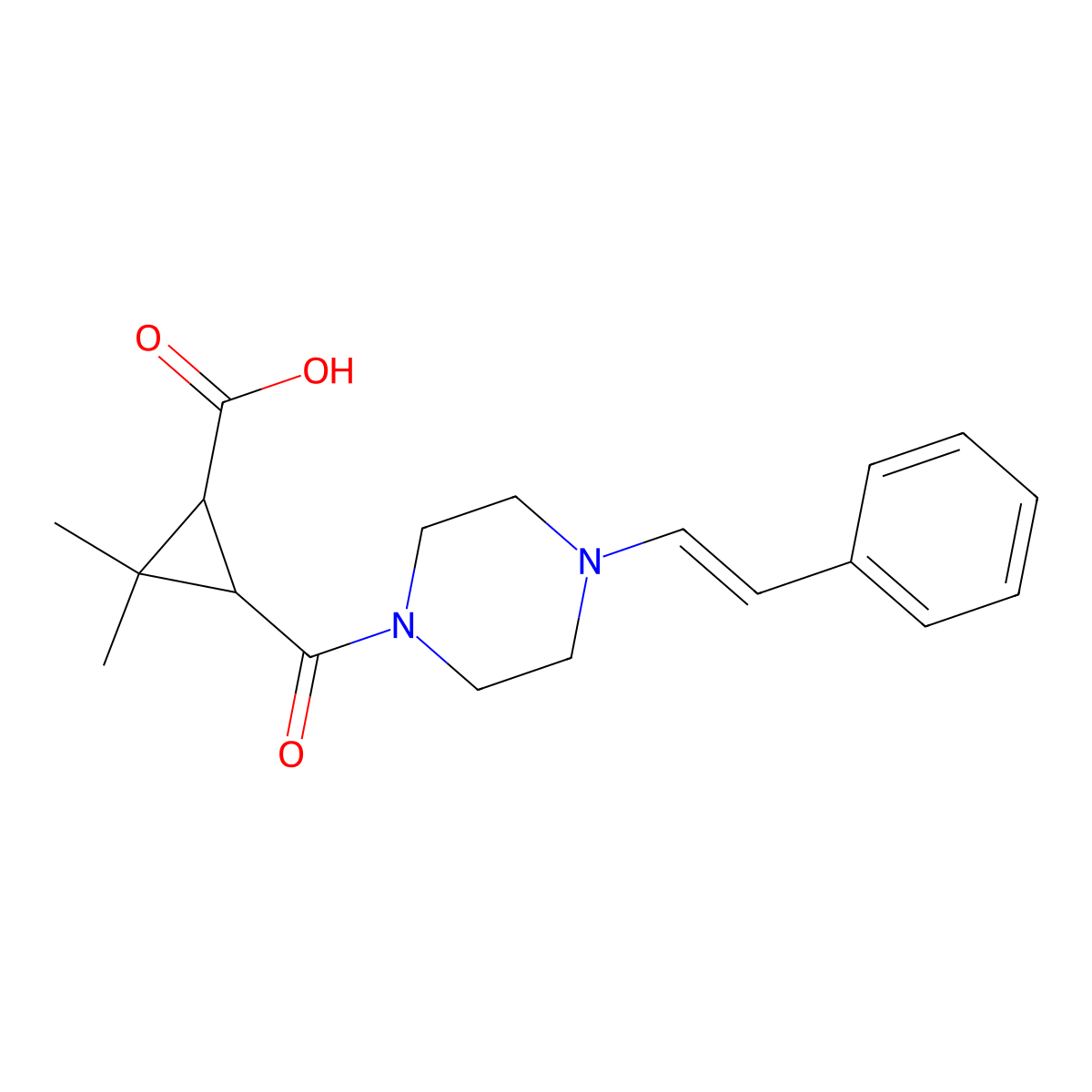 2,2-Dimethyl-3-[4-(2-phenylethenyl)piperazine-1-carbonyl]cyclopropane-1-carboxylic acid molecular structure, CAS 1142214-90-1