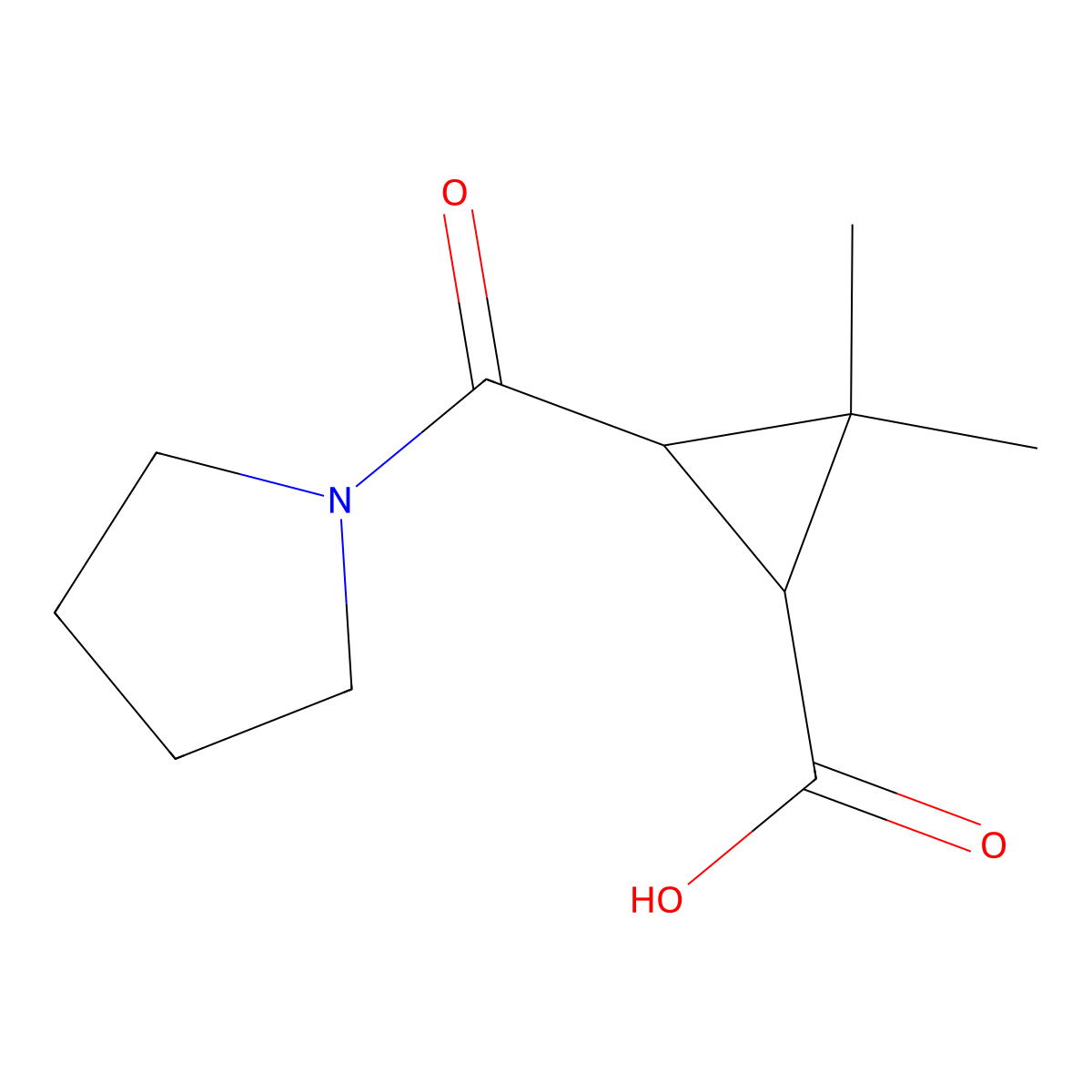 2,2-Dimethyl-3-(pyrrolidin-1-ylcarbonyl)-cyclopropanecarboxylic acid molecular structure, CAS 1142214-97-8