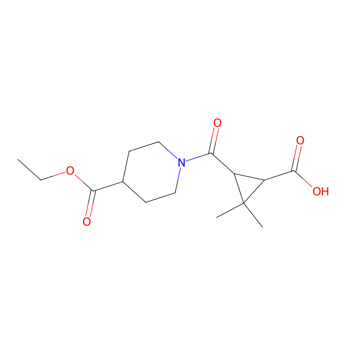 3-{[4-(Ethoxycarbonyl)piperidin-1-yl]carbonyl}-2,2-dimethylcyclopropanecarboxylic acid molecular structure, CAS 1142215-11-9
