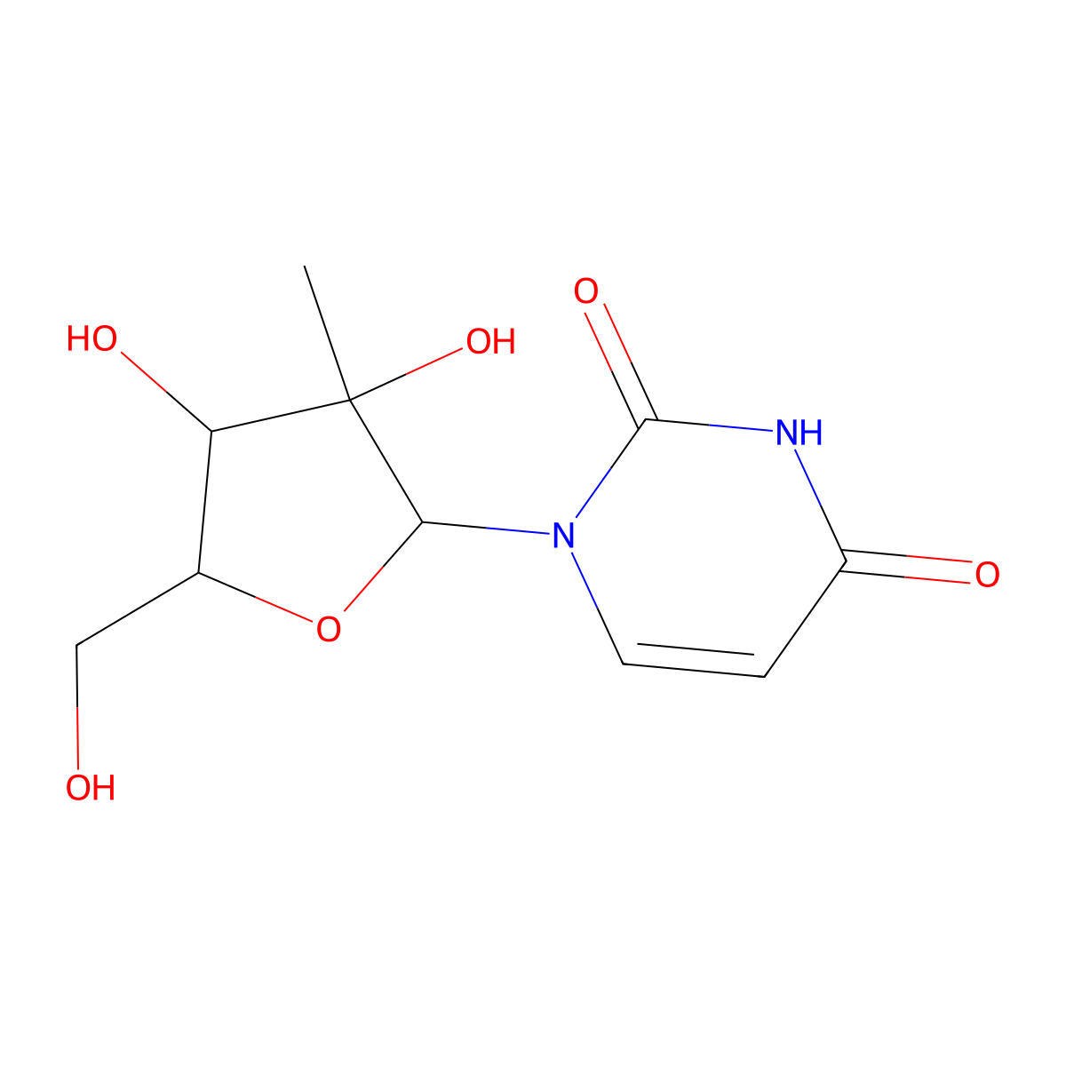 1-((2R,3S,4R,5R)-3,4-dihydroxy-5-(hydroxymethyl)-3-methyltetrahydrofuran-2-yl)pyrimidine-2,4(1H,3H)-dione molecular structure, CAS 114262-49-6
