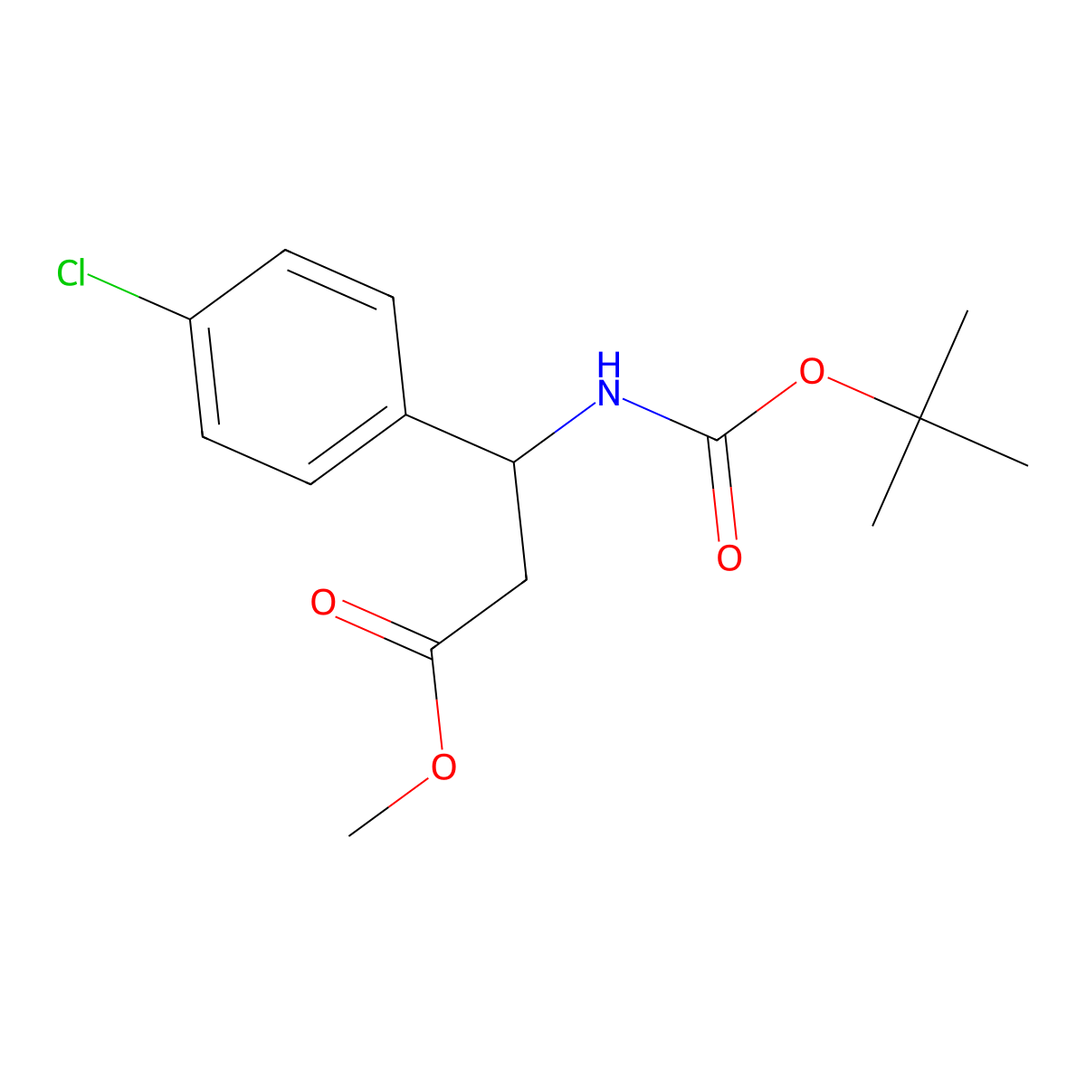 (R)-methyl 3-(tert-butoxycarbonylamino)-3-(4-chlorophenyl)propanoate molecular structure, CAS 1143534-42-2