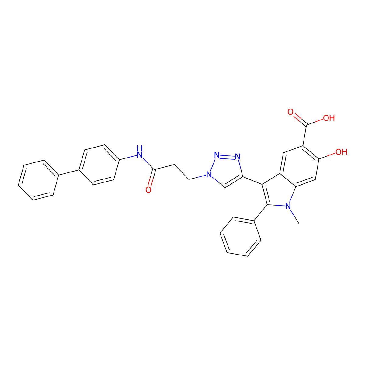3-(1-(3-(biphenyl-4-ylamino)-3-oxopropyl)-1H-1,2,3-triazol-4-yl)-6-hydroxy-1-methyl-2-phenyl-1H-indole-5-carboxylic acid molecular structure, CAS 1143579-78-5