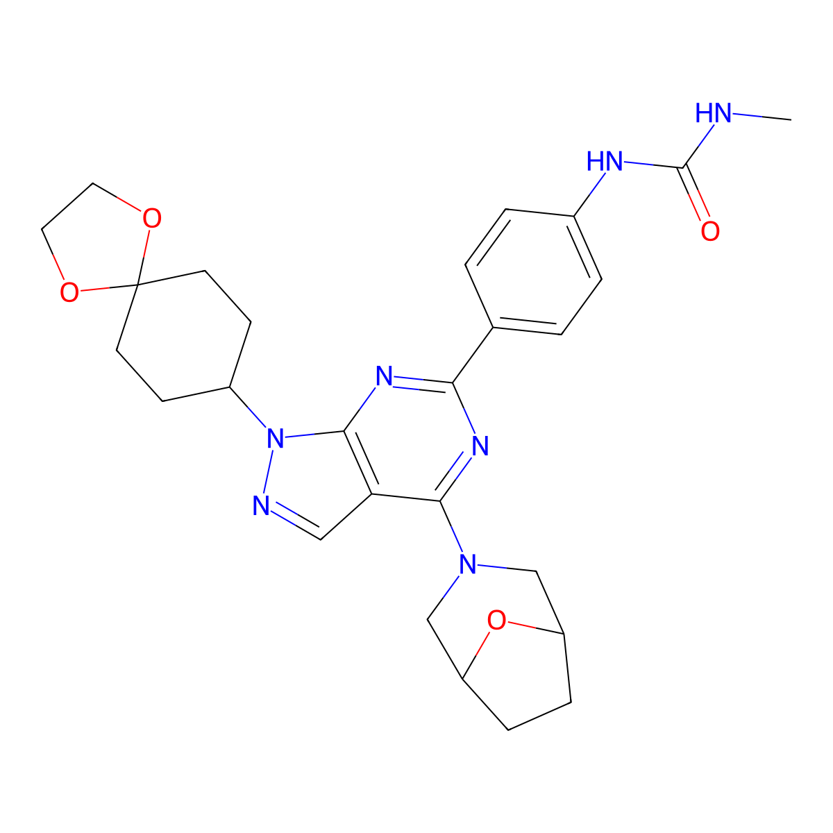 1-(4-(1-(1,4-Dioxaspiro(4.5)decan-8-yl)-4-(8-oxa-3-azabicyclo(3.2.1)octan-3-yl)pyrazolo(3,4-d)pyrimidin-6-yl)phenyl)-3-methylurea molecular structure, CAS 1144068-46-1