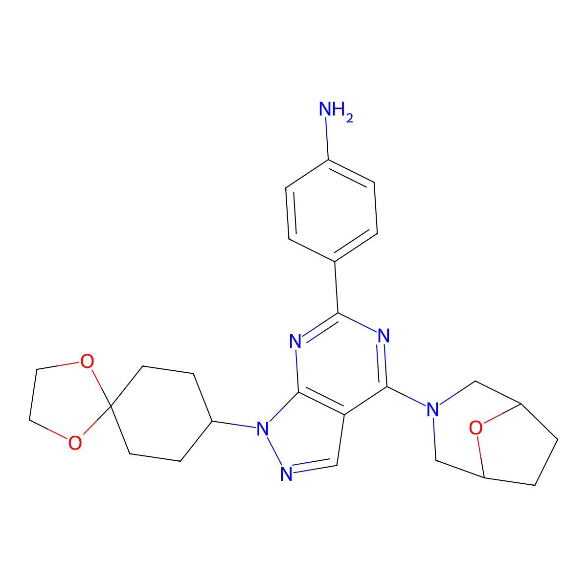 4-(4-(8-oxa-3-azabicyclo[3.2.1]octan-3-yl)-1-(1,4-dioxaspiro[4.5]decan-8-yl)-1H-pyrazolo[3,4-d]pyrimidin-6-yl)aniline molecular structure, CAS 1144068-84-7