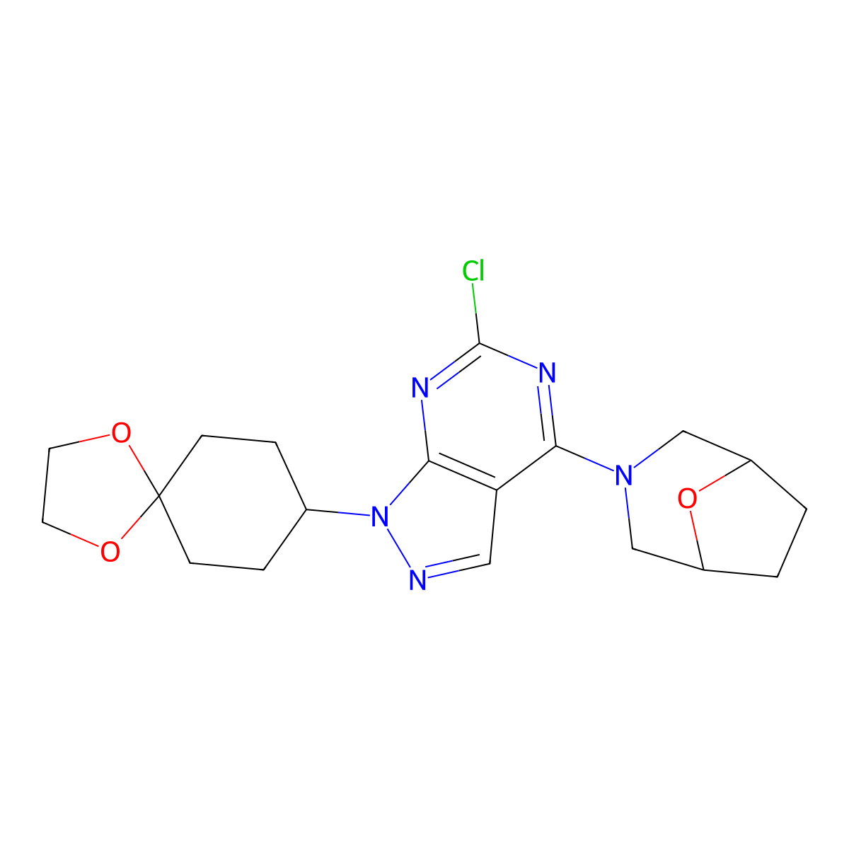 3-(6-chloro-1-(1,4-dioxaspiro[4.5]decan-8-yl)-1H-pyrazolo[3,4-d]pyrimidin-4-yl)-8-oxa-3-azabicyclo[3.2.1]octane molecular structure, CAS 1144080-35-2