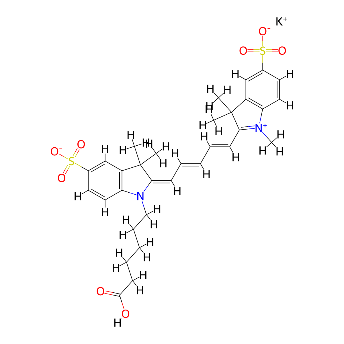 potassium;(2E)-1-(5-carboxypentyl)-3,3-dimethyl-2-[(2E,4E)-5-(1,3,3-trimethyl-5-sulfonatoindol-1-ium-2-yl)penta-2,4-dienylidene]indole-5-sulfonate molecular structure, CAS 1144107-82-3