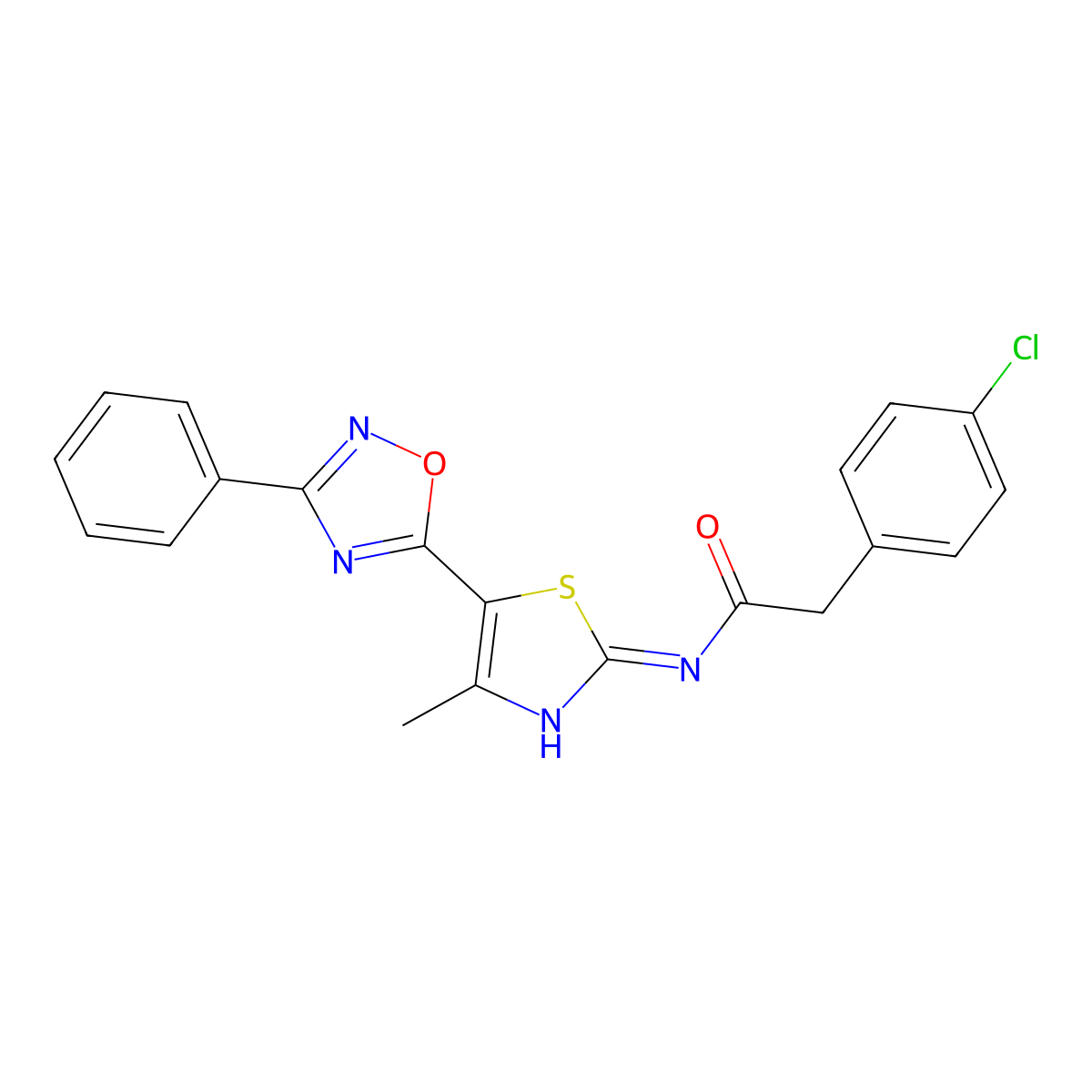 2-(4-chlorophenyl)-N-[(2Z)-4-methyl-5-(3-phenyl-1,2,4-oxadiazol-5-yl)-1,3-thiazol-2(3H)-ylidene]acetamide molecular structure, CAS 1144427-10-0
