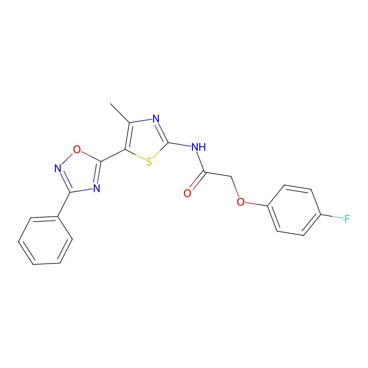 2-(4-fluorophenoxy)-N-[(2E)-4-methyl-5-(3-phenyl-1,2,4-oxadiazol-5-yl)-1,3-thiazol-2(3H)-ylidene]acetamide molecular structure, CAS 1144428-05-6