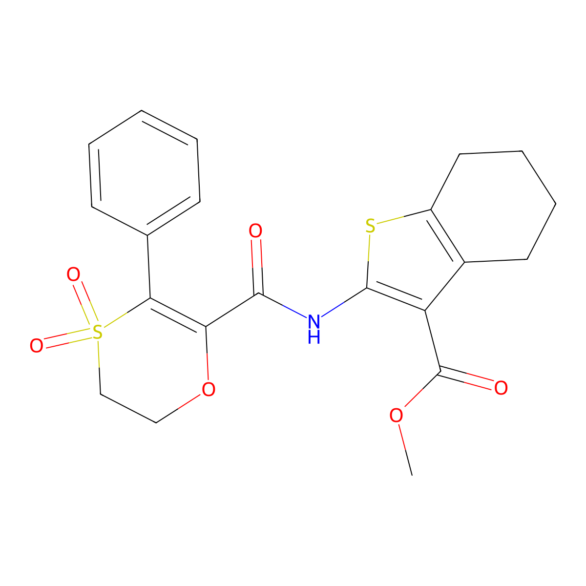 Methyl 2-{[(4,4-dioxido-3-phenyl-5,6-dihydro-1,4-oxathiin-2-yl)carbonyl]amino}-4,5,6,7-tetrahydro-1-benzothiophene-3-carboxylate molecular structure, CAS 1144428-34-1