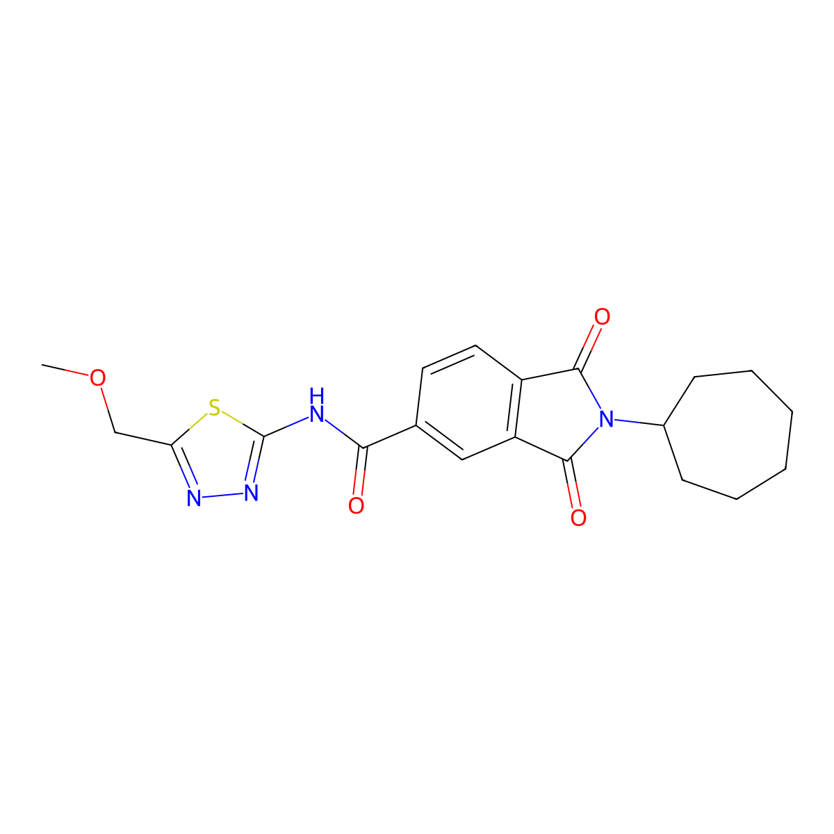2-cycloheptyl-N-[(2E)-5-(methoxymethyl)-1,3,4-thiadiazol-2(3H)-ylidene]-1,3-dioxo-2,3-dihydro-1H-isoindole-5-carboxamide molecular structure, CAS 1144428-48-7