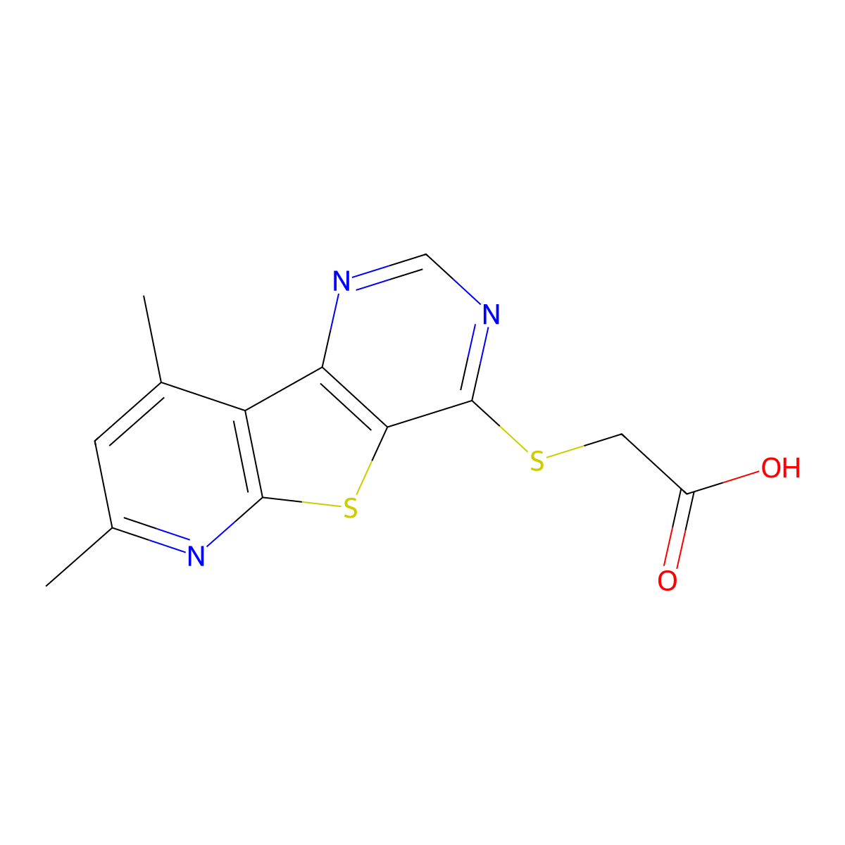 ({11,13-Dimethyl-8-thia-3,5,10-triazatricyclo[7.4.0.0{2,7}]trideca-1(9),2(7),3,5,10,12-hexaen-6-yl}sulfanyl)acetic acid molecular structure, CAS 1144428-51-2