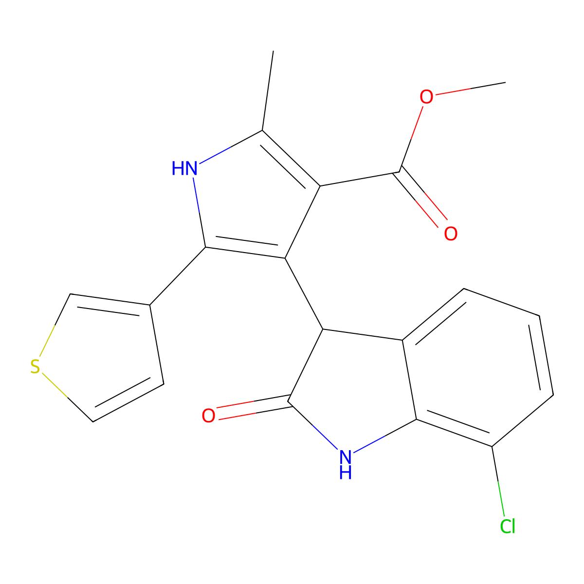 methyl 4-(7-chloro-2-oxo-2,3-dihydro-1H-indol-3-yl)-2-methyl-5-(thiophen-3-yl)-1H-pyrrole-3-carboxylate molecular structure, CAS 1144428-74-9