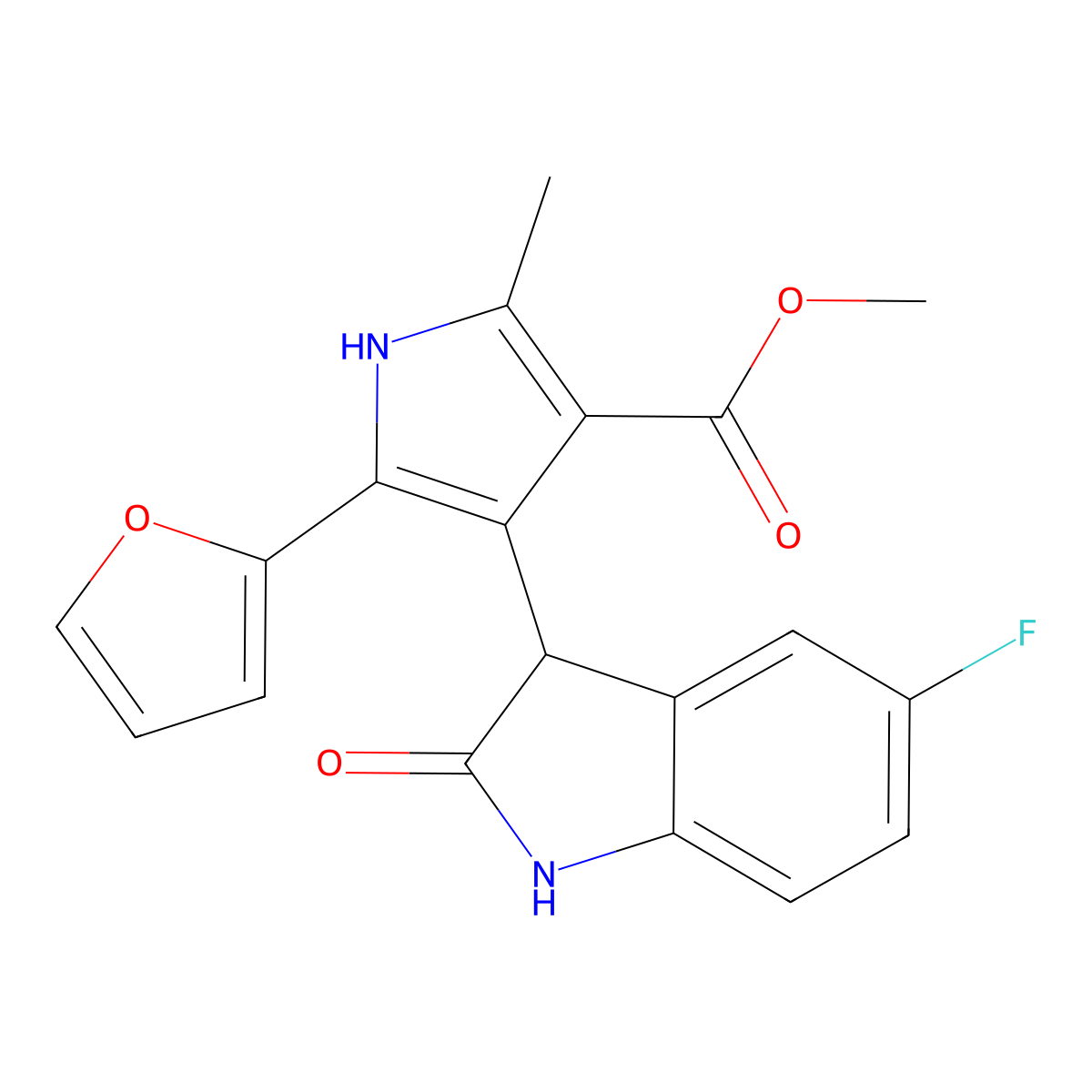 methyl 4-(5-fluoro-2-oxo-2,3-dihydro-1H-indol-3-yl)-5-(furan-2-yl)-2-methyl-1H-pyrrole-3-carboxylate molecular structure, CAS 1144430-12-5