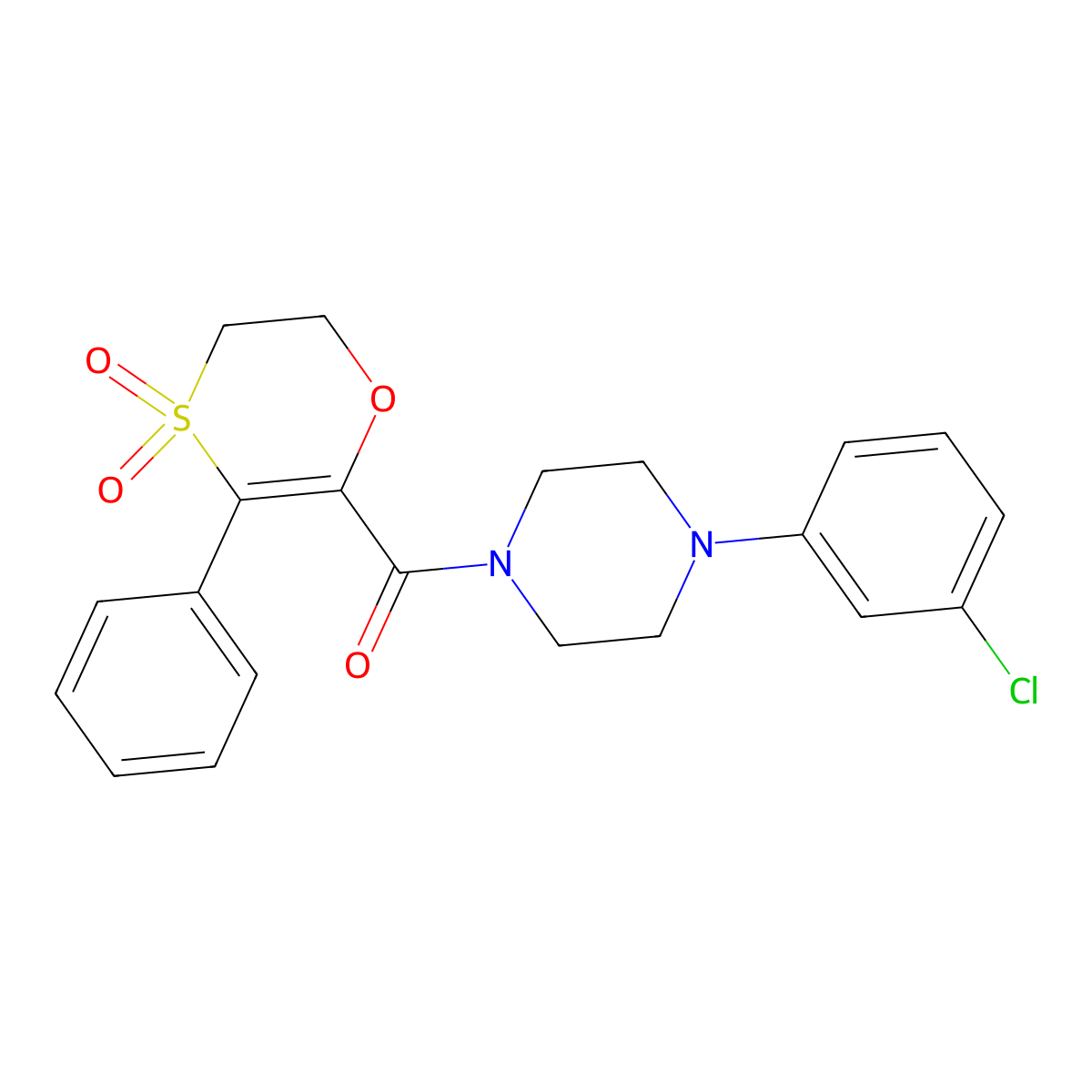 (4-(3-Chlorophenyl)piperazin-1-yl)(4,4-dioxido-3-phenyl-5,6-dihydro-1,4-oxathiin-2-yl)methanone molecular structure, CAS 1144430-52-3