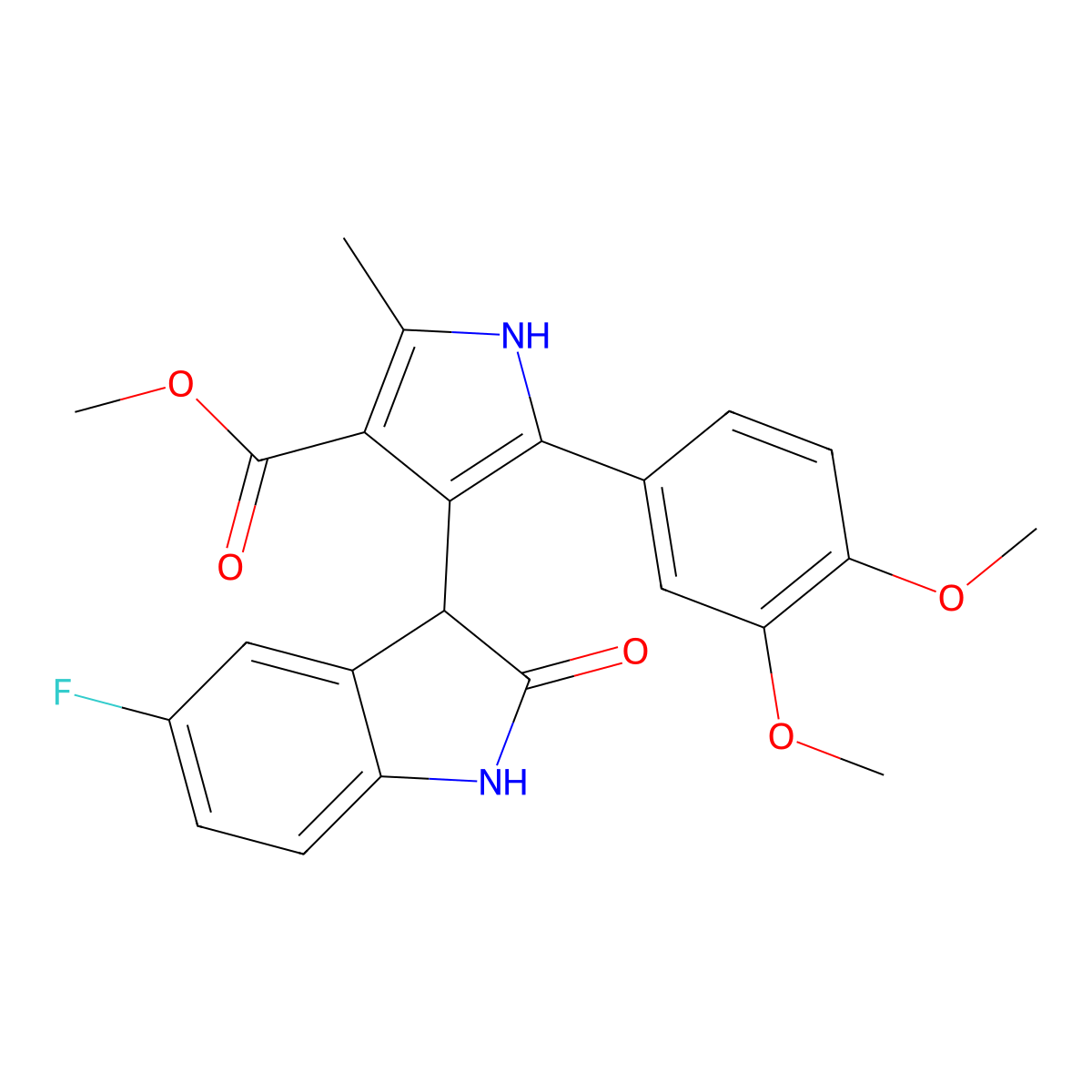 methyl 5-(3,4-dimethoxyphenyl)-4-(5-fluoro-2-oxo-2,3-dihydro-1H-indol-3-yl)-2-methyl-1H-pyrrole-3-carboxylate molecular structure, CAS 1144430-69-2