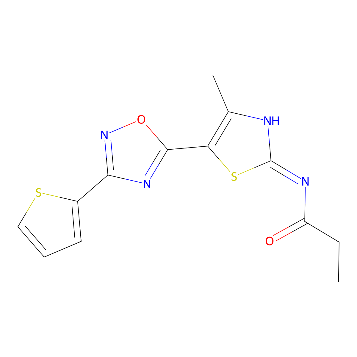 N-[(2Z)-4-methyl-5-[3-(thiophen-2-yl)-1,2,4-oxadiazol-5-yl]-1,3-thiazol-2(3H)-ylidene]propanamide molecular structure, CAS 1144431-50-4