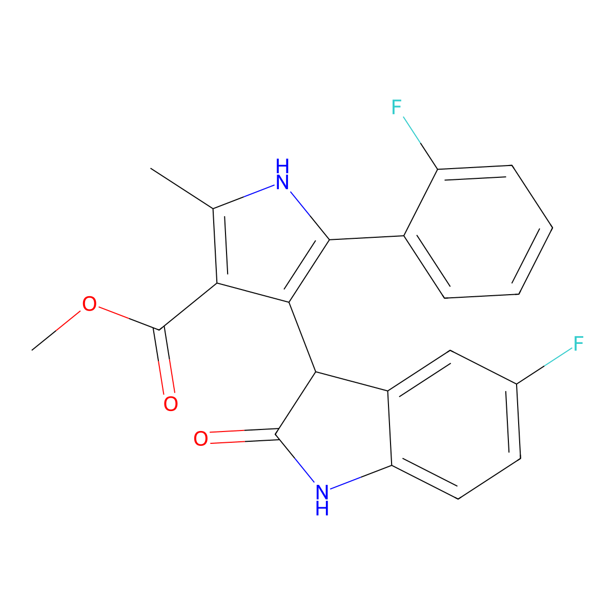 methyl 4-(5-fluoro-2-oxo-2,3-dihydro-1H-indol-3-yl)-5-(2-fluorophenyl)-2-methyl-1H-pyrrole-3-carboxylate molecular structure, CAS 1144431-89-9