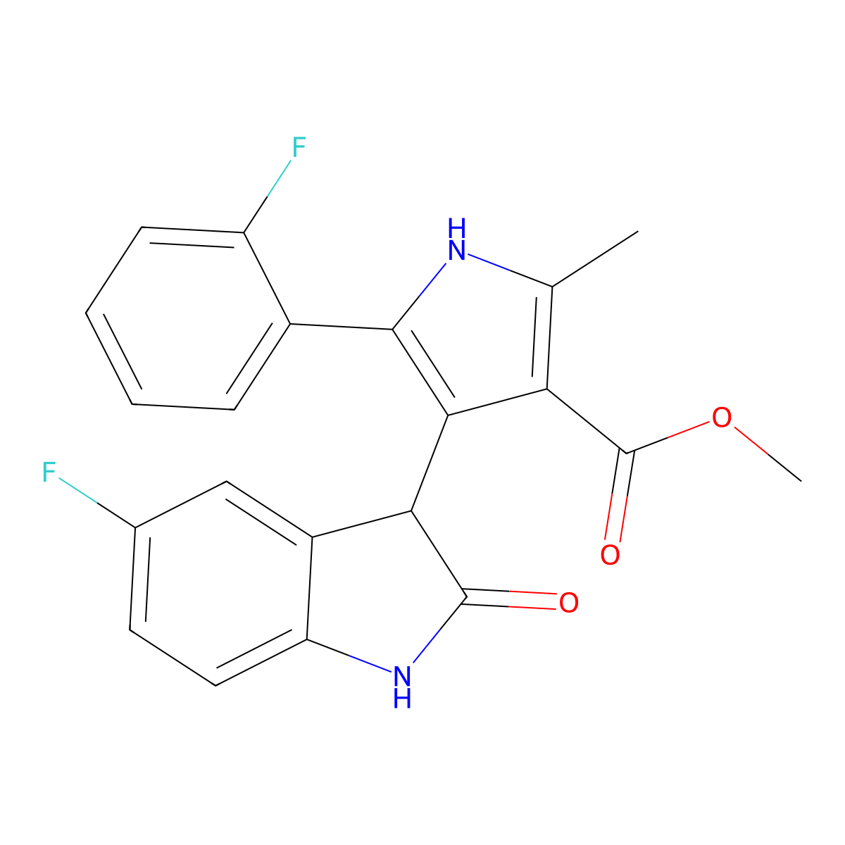 methyl 4-(5-fluoro-2-oxo-2,3-dihydro-1H-indol-3-yl)-5-(2-fluorophenyl)-2-methyl-1H-pyrrole-3-carboxylate molecular structure, CAS 1144431-89-9