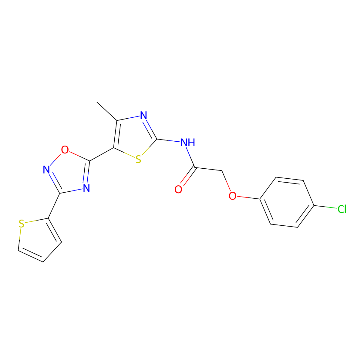2-(4-chlorophenoxy)-N-[(2Z)-4-methyl-5-[3-(thiophen-2-yl)-1,2,4-oxadiazol-5-yl]-1,3-thiazol-2(3H)-ylidene]acetamide molecular structure, CAS 1144432-68-7