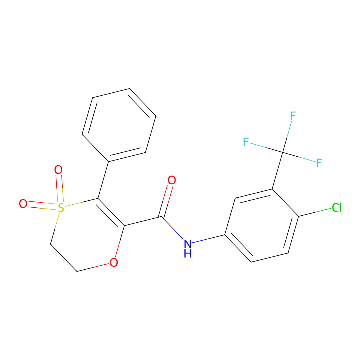 N-[4-chloro-3-(trifluoromethyl)phenyl]-3-phenyl-5,6-dihydro-1,4-oxathiine-2-carboxamide 4,4-dioxide molecular structure, CAS 1144433-44-2