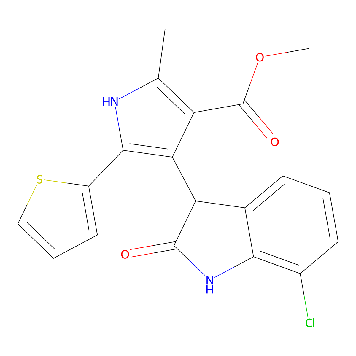 methyl 4-(7-chloro-2-oxo-2,3-dihydro-1H-indol-3-yl)-2-methyl-5-(thiophen-2-yl)-1H-pyrrole-3-carboxylate molecular structure, CAS 1144434-02-5