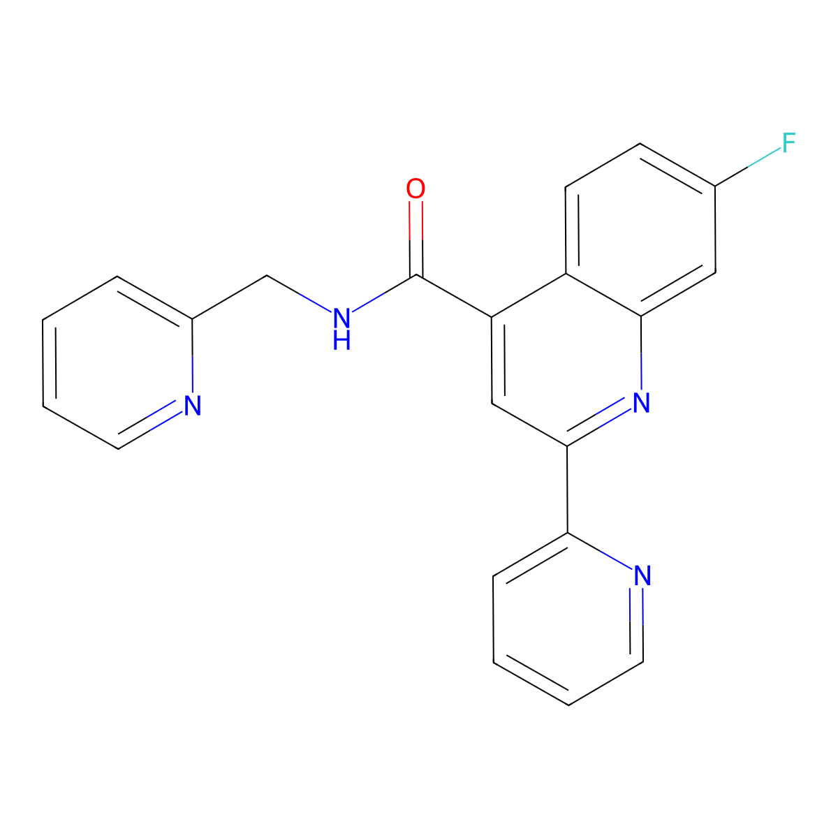 7-fluoro-2-(pyridin-2-yl)-N-(pyridin-2-ylmethyl)quinoline-4-carboxamide molecular structure, CAS 1144434-23-0
