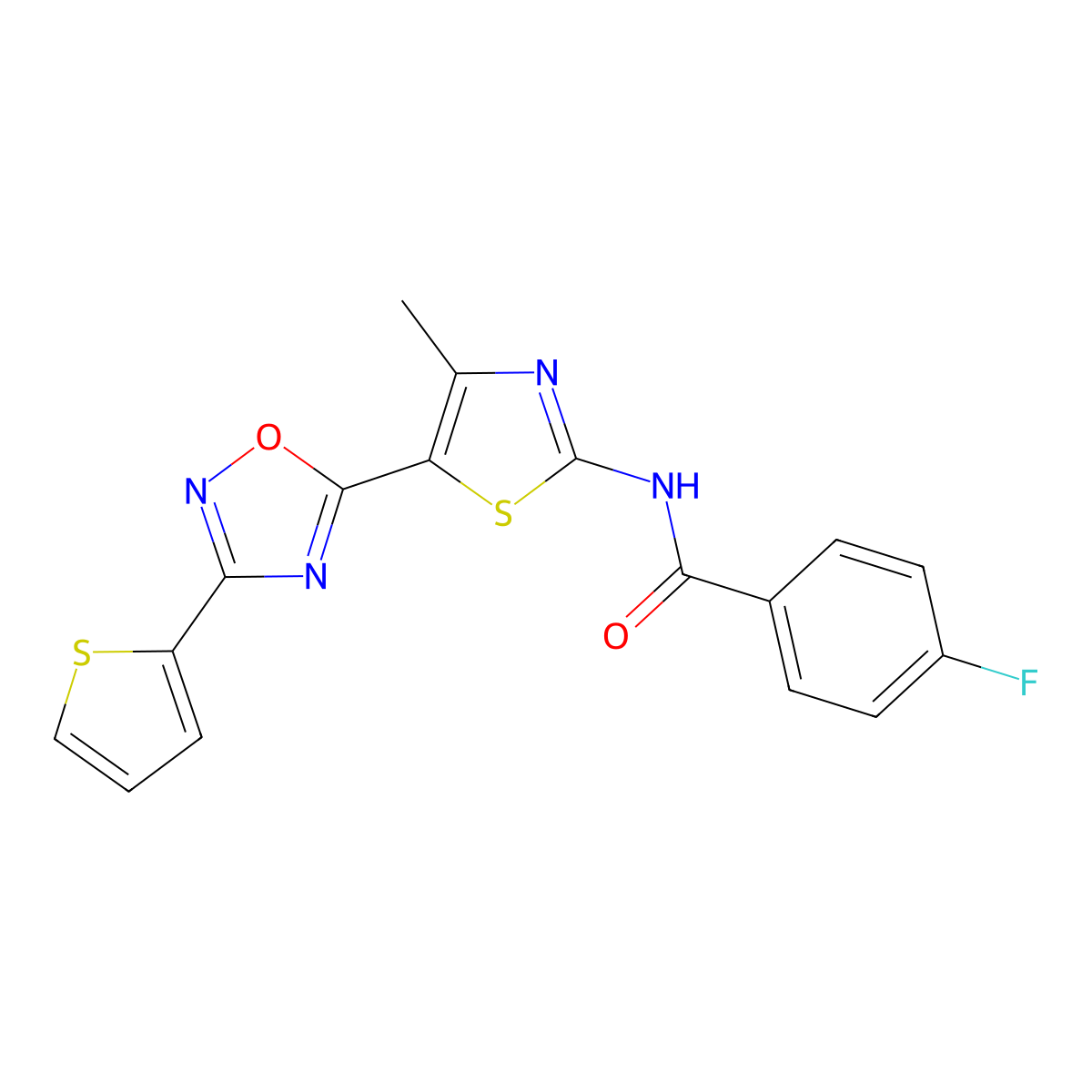 4-fluoro-N-[(2Z)-4-methyl-5-[3-(thiophen-2-yl)-1,2,4-oxadiazol-5-yl]-1,3-thiazol-2(3H)-ylidene]benzamide molecular structure, CAS 1144434-75-2