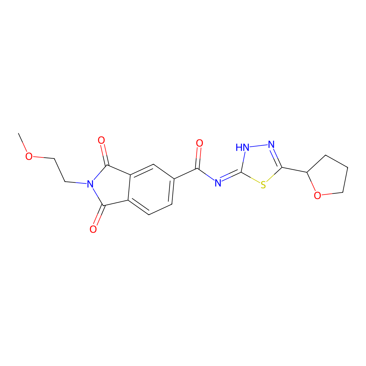 2-(2-methoxyethyl)-1,3-dioxo-N-[(2E)-5-(tetrahydrofuran-2-yl)-1,3,4-thiadiazol-2(3H)-ylidene]-2,3-dihydro-1H-isoindole-5-carboxamide molecular structure, CAS 1144434-79-6