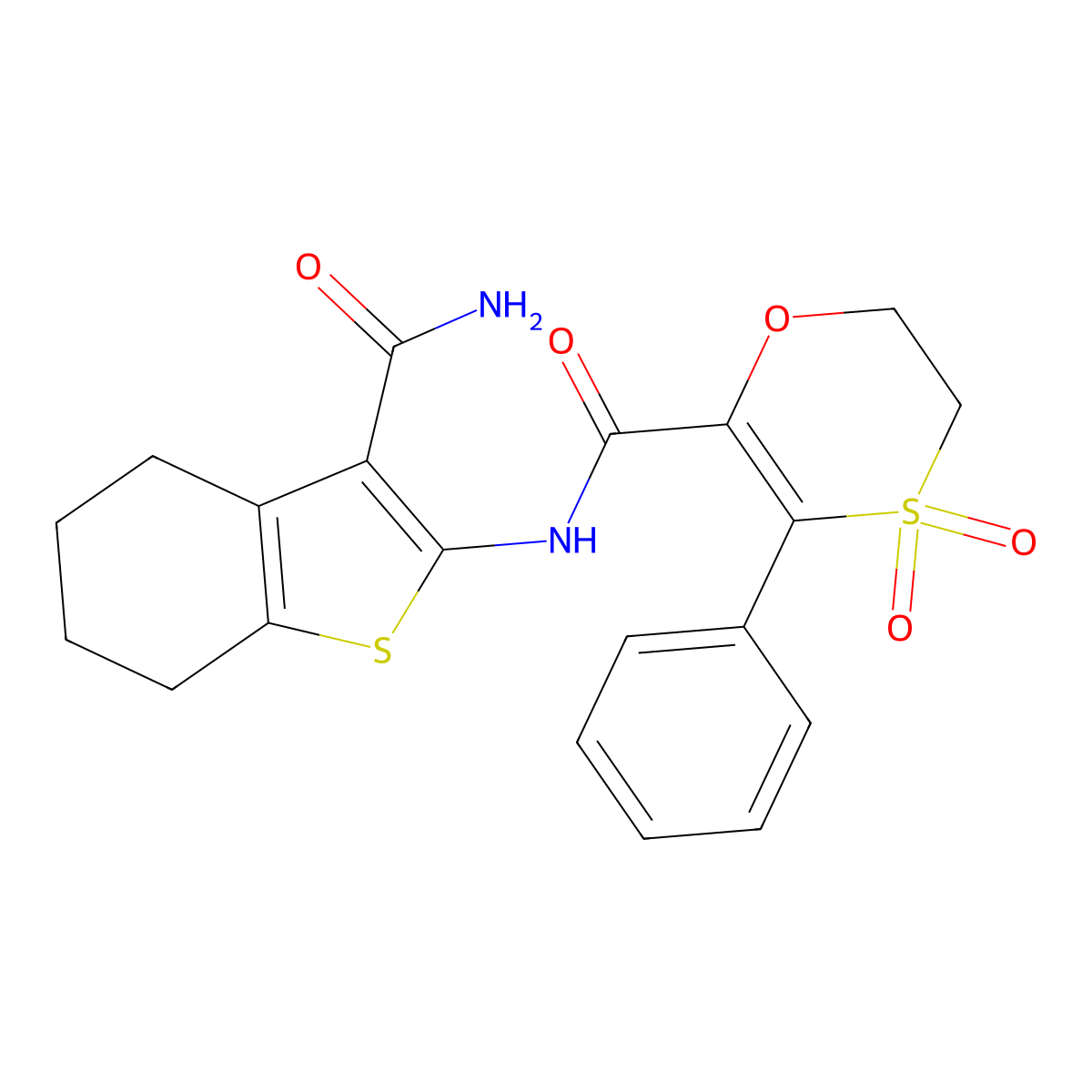 N-(3-carbamoyl-4,5,6,7-tetrahydro-1-benzothiophen-2-yl)-3-phenyl-5,6-dihydro-1,4-oxathiine-2-carboxamide 4,4-dioxide molecular structure, CAS 1144435-39-1