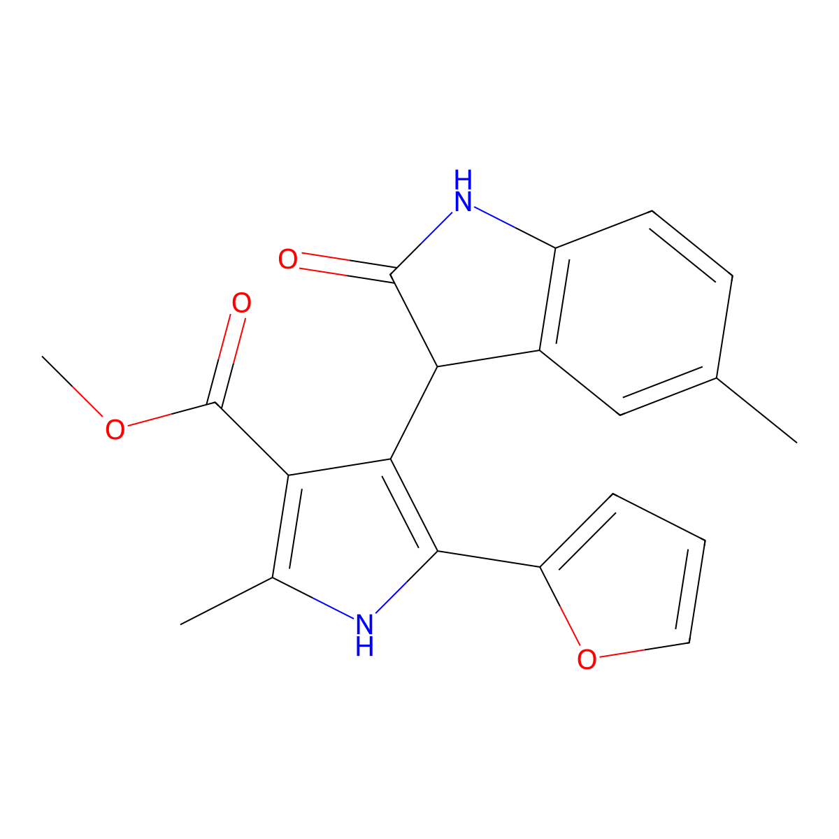 methyl 5-(2-furyl)-2-methyl-4-(5-methyl-2-oxo-2,3-dihydro-1H-indol-3-yl)-1H-pyrrole-3-carboxylate molecular structure, CAS 1144435-42-6