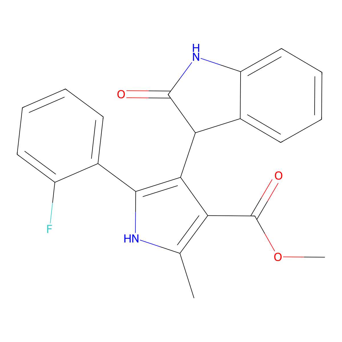 methyl 5-(2-fluorophenyl)-2-methyl-4-(2-oxo-2,3-dihydro-1H-indol-3-yl)-1H-pyrrole-3-carboxylate molecular structure, CAS 1144435-69-7