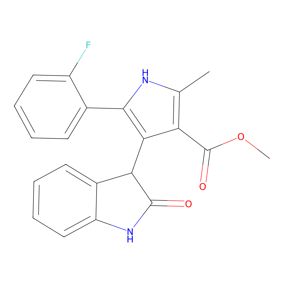 methyl 5-(2-fluorophenyl)-2-methyl-4-(2-oxo-2,3-dihydro-1H-indol-3-yl)-1H-pyrrole-3-carboxylate molecular structure, CAS 1144435-69-7