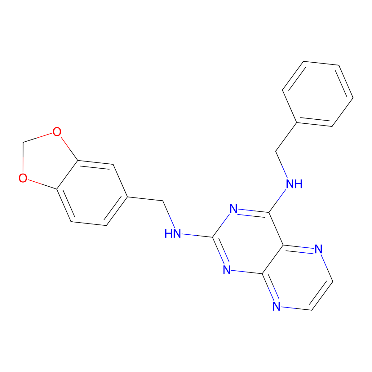 N~2~-(1,3-benzodioxol-5-ylmethyl)-N~4~-benzylpteridine-2,4-diamine molecular structure, CAS 1144436-22-5