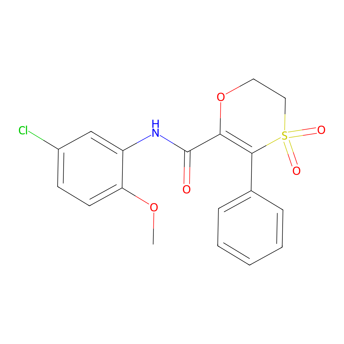 N-(5-chloro-2-methoxyphenyl)-3-phenyl-5,6-dihydro-1,4-oxathiine-2-carboxamide 4,4-dioxide molecular structure, CAS 1144436-39-4