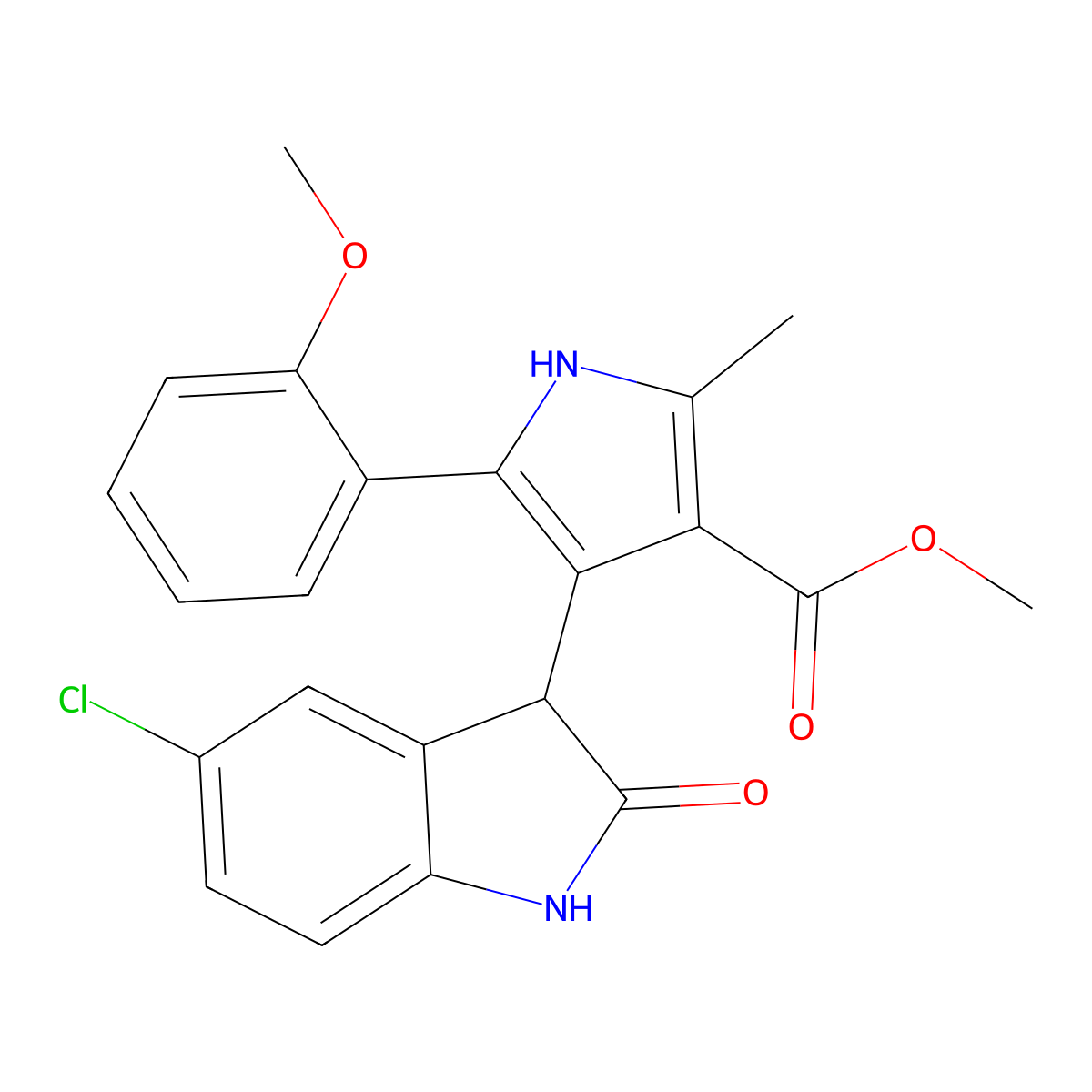 methyl 4-(5-chloro-2-oxo-2,3-dihydro-1H-indol-3-yl)-5-(2-methoxyphenyl)-2-methyl-1H-pyrrole-3-carboxylate molecular structure, CAS 1144437-38-6